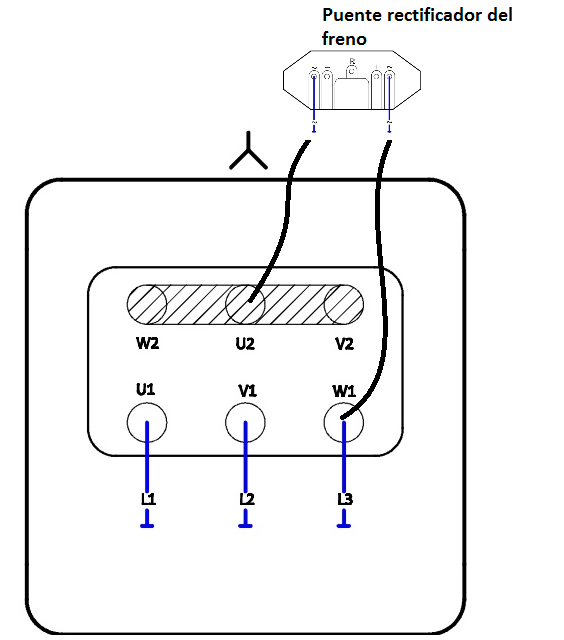 Esquema de conexión de freno de corriente alterna de motor autofrenante con puente de rectificación del freno en zuendo.com